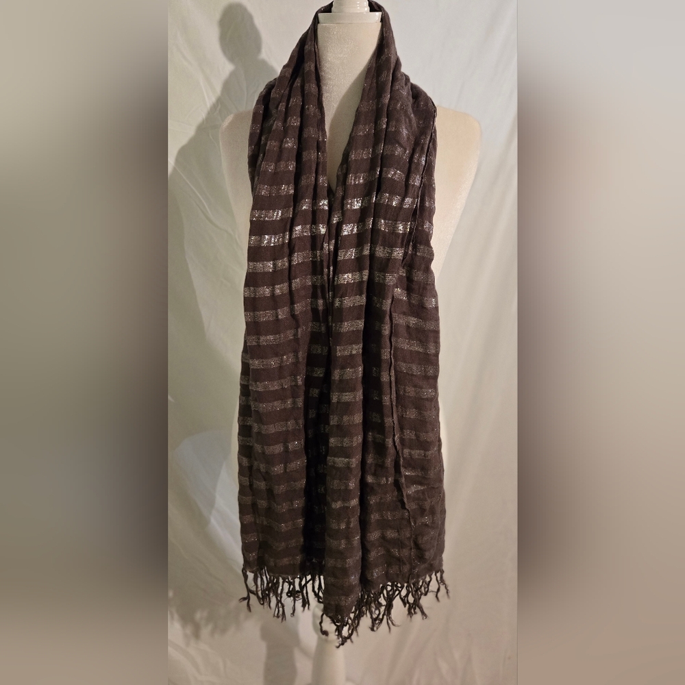 Gun Meteal'ish Striped Silver Threads Scarf with Fringe